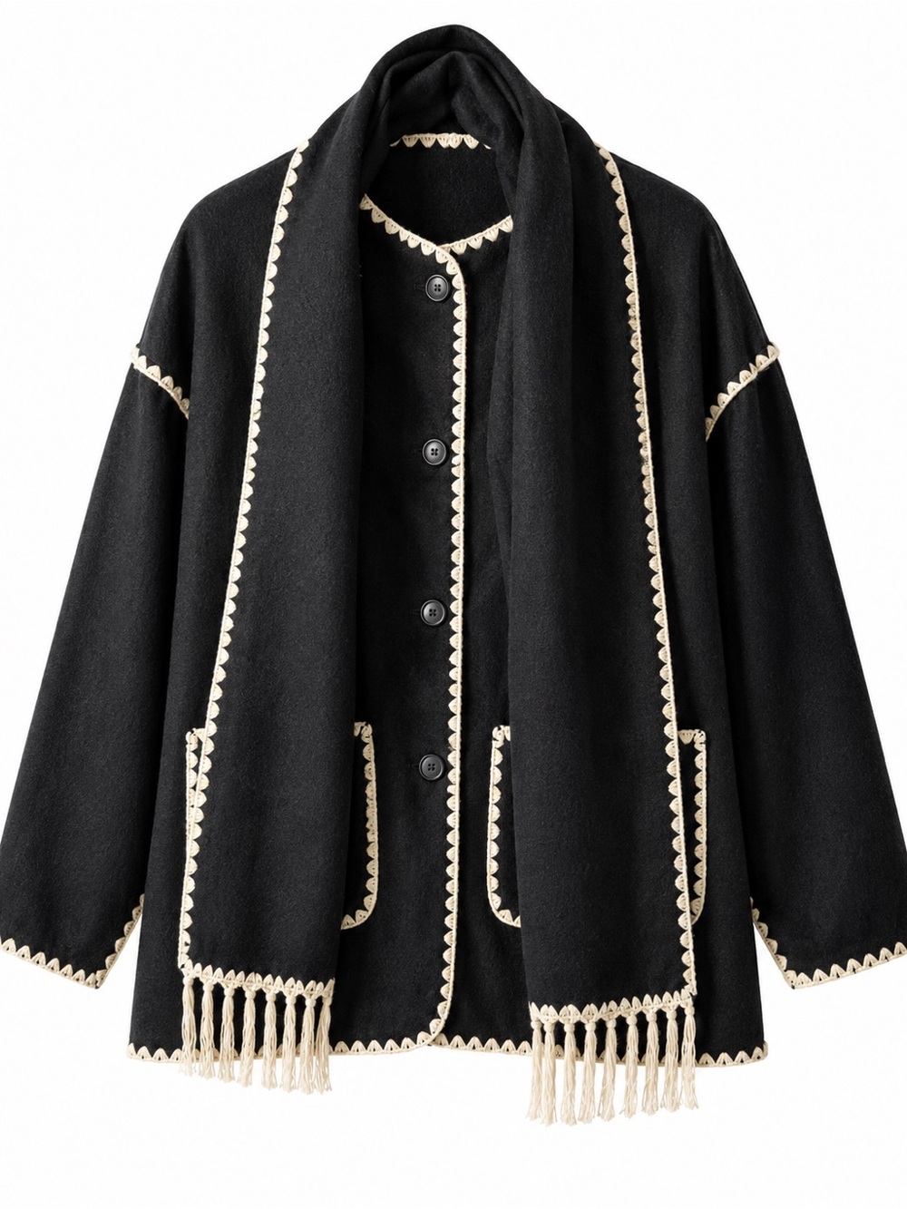 Commense Black Coat with Cream Scallop Trim and Fringe Scarf